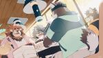 4boys 6xiachunqiu7 animal_ears bara chopsticks closed_eyes closed_mouth dog_boy dog_ears dog_nose english_commentary furry furry_male highres holding holding_chopsticks holding_tongs horkeu_kamui lion_boy lion_ears lion_mane looking_down looking_to_the_side male_focus moritaka_(housamo) multiple_boys open_mouth original ross_lion scar scar_across_eyebrow scar_on_cheek scar_on_face shino_(housamo) smile tail tokyo_afterschool_summoners tongs wolf_boy wolf_ears wolf_tail yakiniku 