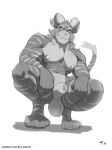 abs animal_genitalia animal_penis anthro balls barazoku breasts charr crouching digital_media_(artwork) feet felid fingers flaccid fur genitals greyscale guild_wars hi_res horn looking_at_viewer male mammal monochrome multi_ear muscular muscular_anthro muscular_male nipples nude pecs penis saggy_balls sheath simple_background sketch smile solo tail teeth tintiai toes