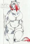 anthro big_breasts bovid bovine breasts cattle choker cleavage clothed clothing cloven_hooves curvy_figure daisy_maybelle dialogue ear_piercing english_text eyewear female glasses hair hi_res highlights_(coloring) holstein_friesian_cattle hooves huge_breasts jewelry legwear longinius mammal monochrome necklace nipple_outline piercing portrait raised_leg red_highlights solo speech_bubble spot_color stockings text thick_thighs thigh_highs three-quarter_portrait traditional_media_(artwork) voluptuous wide_hips