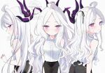  1girl ahoge bare_arms bare_shoulders black_skirt blue_archive blush closed_mouth demon_girl demon_horns double-parted_bangs highres hina_(blue_archive) horns long_hair looking_at_viewer masshirokachi purple_eyes shirt sidelocks skirt sleeveless sleeveless_shirt solo sweat white_hair white_shirt 