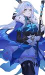  1girl absurdres black_thighhighs blue_coat blue_dress blue_eyes breasts cane cerydra_(honkai:_star_rail) coat crown dress fur-trimmed_coat fur_trim highres holding holding_cane honkai:_star_rail honkai_(series) long_hair medium_breasts naruse_azusa parted_lips simple_background solo thighhighs thighs white_background 