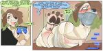2:1 2_panel_comic 3_toes absurd_res anthro arms_tied asphyxiation astarvingfarbeagle bdsm blush boba_(astarvingfarbeagle) bondage bound brown_body brown_fur brown_hair clothing desperation dialogue electronics english_text feet feet_tied fur gag gagged generation_2_pokemon green_eyes hair hands_behind_back hi_res holding_object holding_phone legs_tied looking_back lying male nintendo nipples nose_plugs on_front open_mouth phone pokemon pokemon_(species) shirt smeargle solo spank_marks speech_bubble submissive submissive_anthro submissive_male tan_body tan_fur tape tape_gag text toe_restraints toes toes_tied topwear
