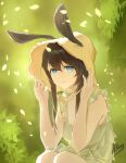  1girl absurdres amiya_(arknights) animal_ears arknights artist_name blue_eyes brown_hair closed_mouth dress hat highres leaf long_hair looking_at_viewer rabbit_ears rabbit_girl sitting solo sun_hat tendai_no_karasu white_dress 
