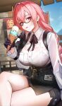  1girl :q absurdres black_skirt breasts crossed_legs eating food food_on_face glasses highres holding holding_food holding_ice_cream ice_cream ice_cream_cone large_breasts licking_lips long_hair miniskirt pencil_skirt pink_hair purple_eyes shirt skirt solo thighs tongue tongue_out tsukishiro_yanagi ushiko_xiansheng white_shirt zenless_zone_zero 