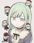  6+girls bang_dream! bang_dream!_it&#039;s_mygo!!!!! beret brown_eyes chibi chibi_on_head chibi_on_shoulder choker frilled_choker frills green_hair grey_background hat highres mortis_(bang_dream!) mortis_(costume)_(bang_dream!) multiple_girls multiple_persona on_head outline plaid_clothes red_hat sasa_kichi simple_background sweat wakaba_mutsumi white_outline 
