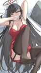  1girl absurdres arm_behind_head armpits ass black_hair black_thighhighs blue_archive breasts cleavage dddm dress garter_straps hair_ornament hairclip halo highres large_breasts leg_up long_hair looking_at_viewer lying navel on_back red_dress red_eyes ringed_eyes rio_(blue_archive) solo thighhighs very_long_hair 