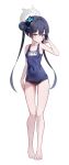  1girl absurdres alternate_costume bare_arms bare_legs bare_shoulders barefoot black_hair blue_archive blue_one-piece_swimsuit braid braided_bun breasts butterfly_hair_ornament closed_mouth commentary double_bun grey_eyes hair_bun hair_ornament highres kisaki_(blue_archive) li_se looking_at_viewer one-piece_swimsuit school_swimsuit small_breasts solo swimsuit twintails 