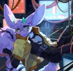 anthro black_bottomwear black_clothing black_pants black_topwear blurred_background bottomwear cheek_tuft clothed clothing corzh77 electronics eyelashes facial_tuft fur green_eyes hair hi_res inside jacket looking_at_viewer male monitor mouth_closed narrowed_eyes open_clothing open_jacket open_topwear pants purple_body purple_ears purple_fur purple_hair purple_tail solo species_request tail topwear tuft yellow_clothing yellow_jacket_(clothing) yellow_topwear