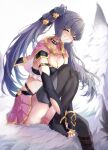  1girl absurdres arm_strap armor black_choker black_gloves black_shirt black_thighhighs breasts capelet choker cleavage crop_top dress epic_seven fingerless_gloves frilled_shirt frills gloves gold_trim grey_hair grin hair_ornament highleg highres leg_up long_hair looking_at_viewer medium_breasts midriff miniskirt no_shoes own_hands_together panty_straps pauldrons pink_capelet pink_skirt pleated_dress punimon_(user_ymmd3824) rinak_(epic_seven) shirt shoulder_armor simple_background single_pauldron sitting skindentation skirt sleeveless sleeveless_shirt smile solo spaghetti_strap thighhighs thighs twintails very_long_hair white_background yellow_eyes 