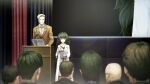  1boy 1girl 6+others alexis_leskinen artificial_intelligence bald blonde_hair blunt_bangs brown_jacket buttons closed_mouth clothing_request coat collar collarbone collared_shirt computer crowd curtains dress flat_chest from_behind game_cg glasses green_collar green_eyes green_hair green_trim grey_dress grin height_difference highres hiyajou_maho hiyajou_maho_(salieri) holding holding_tablet_pc hood hood_down hoodie huke jacket lab_coat lapels laptop long_hair long_sleeves looking_at_another messy_hair microphone multiple_others nape non-web_source notched_lapels official_art presentation rabbit_zipper ringed_eyes shirt short_hair smile square_pupils standing steins;gate steins;gate_0 tablet_pc thick_eyebrows very_long_hair very_short_hair white_coat white_shirt 