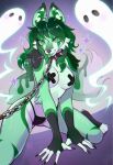 anthro black_body black_claws black_fur black_nose breasts canid canine canis cepto_(artist) chain claws collar ear_piercing facial_piercing female fur ghost green_body green_eyes green_fur green_hair green_tongue hair hi_res kneeling looking_at_viewer mammal medium_breasts multicolored_body multicolored_fur nose_piercing nose_ring pasties piercing ring_piercing solo spiked_collar spikes spirit string_panties tongue tongue_out wolf wolf_ears wolf_tail