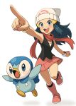 1girl :d beanie black_hair black_shirt black_socks blue_eyes boots bracelet dawn_(pokemon) eyelashes hair_ornament hairclip hat highres jewelry kneehighs knees long_hair nakikot_t open_mouth perspective pink_boots pink_skirt piplup pointing pokemon pokemon_(creature) pokemon_dppt poketch red_scarf scarf shirt sidelocks skirt sleeveless sleeveless_shirt smile socks teeth tongue upper_teeth_only v-shaped_eyebrows watch wristwatch 