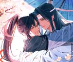  2boys absurdres artist_name bishounen black_hair black_hanfu blue_umbrella blush branch cherry_blossoms chinese_clothes closed_eyes closed_mouth couple day falling_petals flower grin hair_ribbon hanfu headband high_ponytail highres holding holding_umbrella hug lan_wangji light_particles long_hair long_sleeves looking_at_another male_focus modao_zushi multiple_boys oil-paper_umbrella parted_bangs petals pink_flower ponytail red_ribbon ribbon robe sidelocks smile teeth topknot tou_tou23 umbrella upper_body watermark wei_wuxian white_hanfu white_headband wide_sleeves xiao_guan_(headdress) yaoi yellow_eyes 
