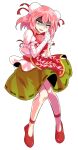  1girl bandaged_arm bandages breasts bun_cover commentary dairi double_bun flower full_body green_skirt hair_between_eyes hair_bun hand_up ibaraki_kasen knees_together_feet_apart large_variant_set looking_at_viewer medium_breasts medium_hair open_mouth pink_eyes pink_flower pink_hair print_tabard puffy_short_sleeves puffy_sleeves red_ribbon red_shoes red_tabard ribbon shaded_face shirt shoes short_sleeves skirt solo standing tabard tachi-e thighs touhou variant_set white_shirt 