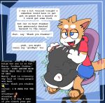 2025 3_toes abdominal_bulge anthro anthro_pred belly big_belly blue_eyes border butt_imprint chair chat_box churn clothing cute_fangs cutout dialogue digestion digital_media_(artwork) domestic_cat duo english_text eyebrows fangs fatal_vore feet felid feline felis female female_prey footwear fully_inside fur furniture groan gurgle_(sound_effect) hand_on_belly hi_res huge_belly imminent_death imprint livestream male male/female male_pred mammal meme muffled multicolored_body multicolored_fur navel navel_cutout open_mouth orange_body orange_fur pawpads pawplants pogchamp rumbling_stomach same_size_vore sandals shoes sitting sparky_(pawplants) speech_bubble stauber_(pawplants) swivel_chair tabby_cat tail teeth text toes two_tone_body two_tone_fur unseen_prey vore white_body white_fur