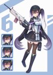  1girl assault_rifle black_gloves black_hair black_skirt blush boots breasts closed_mouth fingerless_gloves full_body gloves gradient_hair gun hair_between_eyes headset holding holding_gun holding_weapon knee_boots long_hair long_sleeves looking_at_viewer medium_breasts multicolored_hair multiple_expressions multiple_views necktie open_mouth original pleated_skirt purple_eyes purple_hair rifle shaded_face side_ponytail skirt standing standing_on_one_leg thighhighs thighhighs_under_boots tooto_(ryuto333) trigger_discipline very_long_hair weapon 