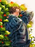  1boy artist_name blue_shirt blush brown_hair english_commentary flower grey_eyes hands_up highres leaf lips long_sleeves looking_at_viewer male_focus marvel marvel_cinematic_universe motteteto puffy_long_sleeves puffy_sleeves red_flower sentry_(marvel) shirt short_hair smile solo standing striped_clothes striped_shirt teeth thunderbolts_(movie) wavy_hair white_background 