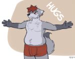 anthro bodily_fluids bulge canid cheek_tuft chest_tuft clothed clothing extended_arms facial_tuft gloves_(marking) hair love_handles male mammal markings moobs navel nipples overweight overweight_male rory_(spyz) sad signature simple_background solo spyz_(artist) tail tears tuft underwear underwear_only