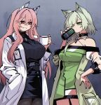 2girls absurdres animal_ear_fluff animal_ears arknights asymmetrical_hair black_pantyhose black_skirt black_sweater can cat_ears cat_girl coat commission cowboy_shot crossover cup dress dryegen girls&#039;_frontline girls&#039;_frontline_neural_cloud green_dress green_hair hand_in_pocket hand_on_own_hip highres holding holding_can holding_cup id_card kal&#039;tsit_(arknights) lab_coat material_growth monster_energy mug multiple_girls open_clothes open_coat oripathy_lesion_(arknights) pantyhose persicaria_(neural_cloud) pink_hair ribbed_sweater see-through_clothes see-through_sleeves skirt sweater trait_connection turtleneck turtleneck_sweater white_coat 