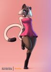 anthro blue_eyes brown_body brown_fur choker clothing domestic_cat dress english_text felid feline felis female feretta fur hair hands_behind_back hi_res jewelry legwear mammal necklace on_one_leg pose short_dress siamese simple_background solo sonia_sorenson standing stockings sundress text white_body white_fur white_hair