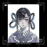  1girl ado_(utaite) aegyo_sal battery_indicator black_hair blue_eyes blue_kimono blue_lips braid braided_hair_rings chando_(ado) commentary hair_ornament hair_rings hairclip hashtag-only_commentary highres htt_hatuotuo japanese_clothes kimono looking_at_viewer mole mole_under_eye procreate_(medium) recording solo upper_body utaite viewfinder white_background 
