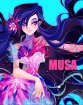  1girl absurdly_long_hair arm_ribbon blue_background blue_eyes blue_eyeshadow blue_hair character_name cowboy_shot dress eyelashes eyeshadow floating_hair flower flower_dress hair_flower hair_ornament hair_over_one_eye happy highres jewel_under_eye libbly_libby light_blush light_particles long_hair looking_to_the_side magical_girl makeup multicolored_hair musa_(winx_club) nail_polish outstretched_arm pink_dress pink_flower pink_hair pink_nails pink_ribbon ribbon side_slit simple_background single_bare_shoulder single_strap sleeveless sleeveless_dress solo standing streaked_hair very_long_hair winx_club 