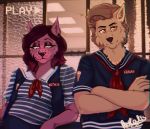  2019 absurd_res anthro canid canine canis clothed clothing couple_(disambiguation) digital_drawing_(artwork) digital_media_(artwork) ear_piercing felid feline female fur glitch hair halloween hi_res holidays kotalis looking_at_viewer male male/female mammal piercing pose sailor smile stranger_things vhs 