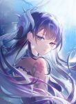  1girl absurdres breasts closed_mouth commentary earrings from_behind hair_intakes hair_ornament highres honkai:_star_rail honkai_(series) hysilens_(honkai:_star_rail) jewelry light_smile long_hair looking_at_viewer looking_back medium_breasts purple_eyes purple_hair sohan_(sohan_416) solo upper_body very_long_hair 