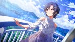 1girl antenna_hair belt_buckle bird black_hair blush buckle commentary_request day dutch_angle floral_print_skirt game_cg grin hair_ornament hairclip hand_on_railing idolmaster idolmaster_(classic) idolmaster_million_live! idolmaster_million_live!_theater_days kikuchi_makoto kikuchi_makoto_(private_dress) looking_to_the_side official_art outdoors purple_eyes purple_skirt seagull shirt short_hair skirt sky smile solo standing sunlight third-party_source water white_shirt 
