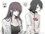  2girls aged_down bang_dream! bang_dream!_it&#039;s_mygo!!!!! black_collar black_hair black_shirt blue_eyes blush breasts cleavage collar commentary_request earrings jacket jewelry leash long_hair mole mole_under_eye multiple_girls open_mouth purple_eyes shiina_taki shirt short_hair short_sleeves sidelocks simple_background siy_(shengxiu760722) tearing_up time_paradox watermark weibo_watermark white_background white_jacket white_shirt yahata_umiri 