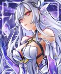  1girl absurdres ai_shou bare_shoulders dress genshin_impact grey_hair hair_intakes hair_ornament halter_dress halterneck hand_up highres long_hair looking_at_viewer red_eyes reflection short_sleeves skirk_(genshin_impact) solo upper_body very_long_hair white_dress 