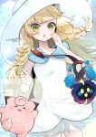  1girl :o bag blonde_hair braid clefairy clenched_hand collared_dress commentary_request cosmog dated dress duffel_bag eyelashes green_eyes grey_bag hat kinako_(mzknk0) lillie_(pokemon) long_hair open_mouth poke_ball_print pokemon pokemon_(creature) pokemon_sm request_inset shoulder_bag twin_braids watermark white_dress white_hat 