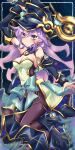 1girl bare_shoulders black_boots black_hat black_pantyhose blue_eyes blush boots breasts cleavage duel_monster hat highres long_hair medium_breasts mizuhane_(mizuhane_miu) nightmare_apprentice pantyhose purple_hair solo yu-gi-oh! 