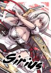 1girl absurdres azur_lane breasts character_name cleavage dress frilled_dress frills highres holding holding_sword holding_weapon large_breasts maid oriue_wato parted_lips red_eyes rigging ship_turret short_hair sirius_(azur_lane) sketch solo sword thighhighs two-handed weapon white_hair white_thighhighs 