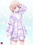  1girl blonde_hair choker closed_mouth hololive hololive_dev_is jacket multicolored_hair purple_eyes purple_hair shirt short_hair smile solo streaked_hair takanashi_tsukasa todoroki_hajime todoroki_hajime_(1st_costume) two_side_up virtual_youtuber white_choker white_jacket white_shirt 