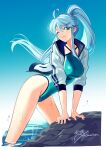  1girl absurdres ahoge asamitsu_(n_morninglight) blue_hair blue_sky braid breasts colored_inner_hair fate/grand_order fate_(series) green_eyes green_hair green_one-piece_swimsuit high_ponytail highleg highleg_one-piece_swimsuit highres jacket kukulkan_(fate) large_breasts long_hair looking_at_viewer multicolored_hair one-piece_swimsuit ponytail rock sidelocks sky smile solo swimsuit thighs water white_jacket 