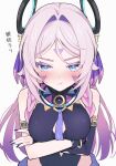  1girl :t arms_under_breasts black_leotard blue_eyes blush breasts citlali_(genshin_impact) closed_mouth colored_eyelashes commentary_request crossed_arms facial_mark feathers fingernails floating_headgear forehead_mark genshin_impact glove_cutout hair_intakes headgear highres leotard long_hair looking_at_viewer medium_breasts nail_polish pink_feathers pink_hair pink_pupils pout purple_feathers ring_hair_ornament simple_background sleeveless_turtleneck_leotard solo translation_request triangle triangle_facial_mark upper_body ura_(hamburg_oniku) white_background 