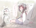  1girl absurdres ahoge backpack bag black_hair blush commentary foyer from_side highres indoors japanese_clothes kettle kimono kiritanpo_(food) knife_hair_ornament long_sleeves looking_at_viewer nose_blush obi oversized_food oversized_object plant_print pleated_skirt randoseru red_eyes red_sash sakurai_akira sash short_hair short_kimono sketch skirt solo speech_bubble steam stove tearing_up touhoku_kiritan translated turning_head voiceroid wooden_floor 