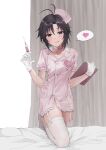  1girl :q absurdres aburi-gatana antenna_hair black_hair blush clipboard closed_mouth dress garter_straps glint gloves hat heart highres holding holding_clipboard holding_syringe idolmaster idolmaster_(classic) kikuchi_makoto looking_at_viewer nurse nurse_cap pink_dress pink_hat purple_eyes short_hair short_sleeves solo speech_bubble spoken_heart standing sweatdrop syringe thighhighs tongue tongue_out white_gloves white_thighhighs 