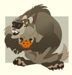  2019 4_fingers 4_toes black_nose brown_body brown_fur canid canine canis claws digital_drawing_(artwork) digital_media_(artwork) fangs fingers food front_view fruit fur grey_body grey_fur halloween hi_res holding_object holidays looking_away male mammal paloma-paloma paws plant pumpkin semi-anthro simple_background solo teeth toes toony were werecanid werecanine werewolf wolf 