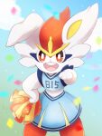 3:4 3_fingers 4rurui buckteeth cheerleader_outfit cinderace confetti female feral fingers fur generation_8_pokemon gesture hand_gesture hi_res looking_at_viewer nintendo open_mouth pointing pointing_at_viewer pokemon pokemon_(species) rabbit_ears red_body red_eyes red_fur smile solo teeth white_body white_fur
