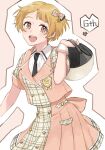  1girl :d anniversary black_necktie blonde_hair bow buttons chin_strap collared_shirt commentary cowboy_shot cropped_jacket dot_nose double-breasted emblem fukuda_noriko future_signature_(idolmaster) hair_bow hand_up heart helmet high-waist_skirt highres holding holding_helmet idolmaster idolmaster_million_live! idolmaster_million_live!_theater_days jacket kuuko_(inzm39) lapels light_blush looking_at_viewer multicolored_jacket necktie notched_lapels official_alternate_costume open_mouth orange_eyes pink_background pink_jacket pink_skirt plaid_clothes plaid_jacket plaid_skirt pleated_skirt shirt short_hair short_sleeves skirt skirt_set sleeves_rolled_up smile solo symbol-only_commentary teeth two-tone_jacket two-tone_skirt upper_teeth_only white_helmet white_shirt white_wrist_cuffs wrist_cuffs 