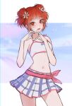  1girl bare_arms bare_shoulders blue_sky border bow commentary_request cowboy_shot double_bun eyelashes flower gradient_sky ha_yusa hair_bun hair_flower hair_ornament happy harune_aira heart heart_hands highres idol korean_commentary letterboxed light_blush lips looking_at_viewer midriff miniskirt navel open_mouth outside_border pink_bow pink_lips plaid_clothes plaid_skirt pleated_skirt pretty_rhythm pretty_rhythm_aurora_dream pretty_series purple_skirt purple_sky red_eyes red_hair short_hair signature skirt sky smile solo sparkle sports_bra thighs waist_bow white_border white_flower white_sports_bra 