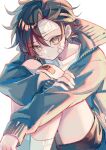  1boy bandaid bandaid_on_cheek bandaid_on_face bandaid_on_knee bandaid_on_leg black_shorts blue_jacket brown_eyes brown_hair closed_mouth commentary_request feet_out_of_frame highres jacket knees_up long_sleeves looking_at_viewer male_focus original short_hair shorts simple_background sitting socks solo suzaku_(zaku6584) white_background white_socks 