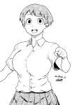  1girl :d black_eyes breasts buttons collared_shirt cowboy_shot dated greyscale large_breasts looking_at_viewer monochrome open_mouth original shirt short_hair short_sleeves signature simple_background skirt smile solo teeth tongue tsukudani_(coke-buta) upper_teeth_only white_background 