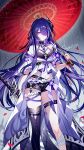  1girl acheron_(honkai:_star_rail) adapted_costume artist_name bandaged_leg bandages bare_shoulders belt black_shorts chinese_commentary coat commentary_request feet_out_of_frame flower hair_ornament hair_over_one_eye halterneck highres holding holding_umbrella honkai:_star_rail honkai_(series) long_hair looking_at_viewer midriff nail_polish navel off_shoulder purple_eyes purple_flower purple_hair purple_nails rain red_umbrella sheya short_shorts short_sleeves shorts signature single_thighhigh solo standing thigh_strap thighhighs umbrella very_long_hair white_belt white_coat 