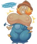  2019 acstlu animate_inanimate big_breasts blonde_hair breast_expansion breasts clothing coveralls dialogue english_text eyelashes female freckles hair hat headgear headwear hi_res huge_breasts humanoid living_scarecrow nipples not_furry scarecrow scarecrow_girl_(acstlu) simple_background text thick_thighs wardrobe_malfunction white_background wide_hips 