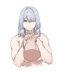  1girl ak-15_(girls&#039;_frontline) breasts expressionless girls&#039;_frontline grey_hair hair_over_one_eye highres holding_another&#039;s_wrist natawaru nude pov pov_hands purple_eyes simple_background twitter_username underboob upper_body white_background 