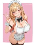  1girl absurdres apron arm_strap barbell_piercing black_bow black_bowtie black_thighhighs blonde_hair blush border bow bowtie breasts cleavage ear_piercing earrings gradient_hair highres industrial_piercing jewelry kitagawa_marin large_breasts long_hair looking_at_viewer maid_apron maid_headdress multicolored_hair naked_apron piercing pink_background pink_eyes reus_(cetta) simple_background solo sono_bisque_doll_wa_koi_wo_suru thighhighs thighs v very_long_hair white_border wrist_cuffs 
