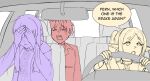  1boy 2girls 3: :o =_= anachronism car_interior closed_eyes closed_mouth colored_speech_bubble commentary crying double_facepalm driving elf english_commentary english_text facepalm fern_(sousou_no_frieren) frieren fukaikiri highres limited_palette long_hair long_sleeves multiple_girls open_mouth parted_bangs pointy_ears rear-view_mirror short_hair sousou_no_frieren speech_bubble stark_(sousou_no_frieren) steering_wheel twintails 
